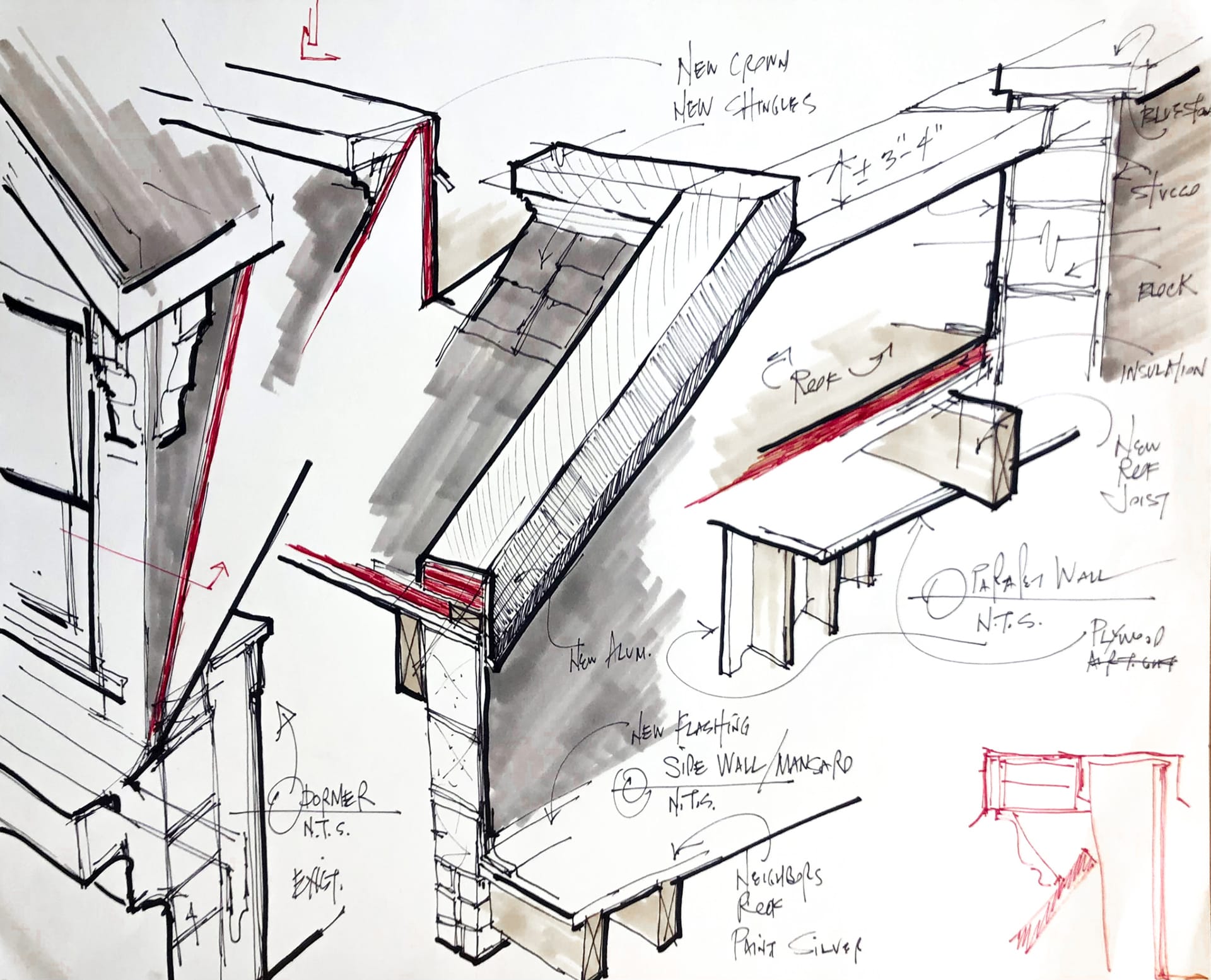 Sketch of preliminary designs and details of a Carroll Gardens townhome addition