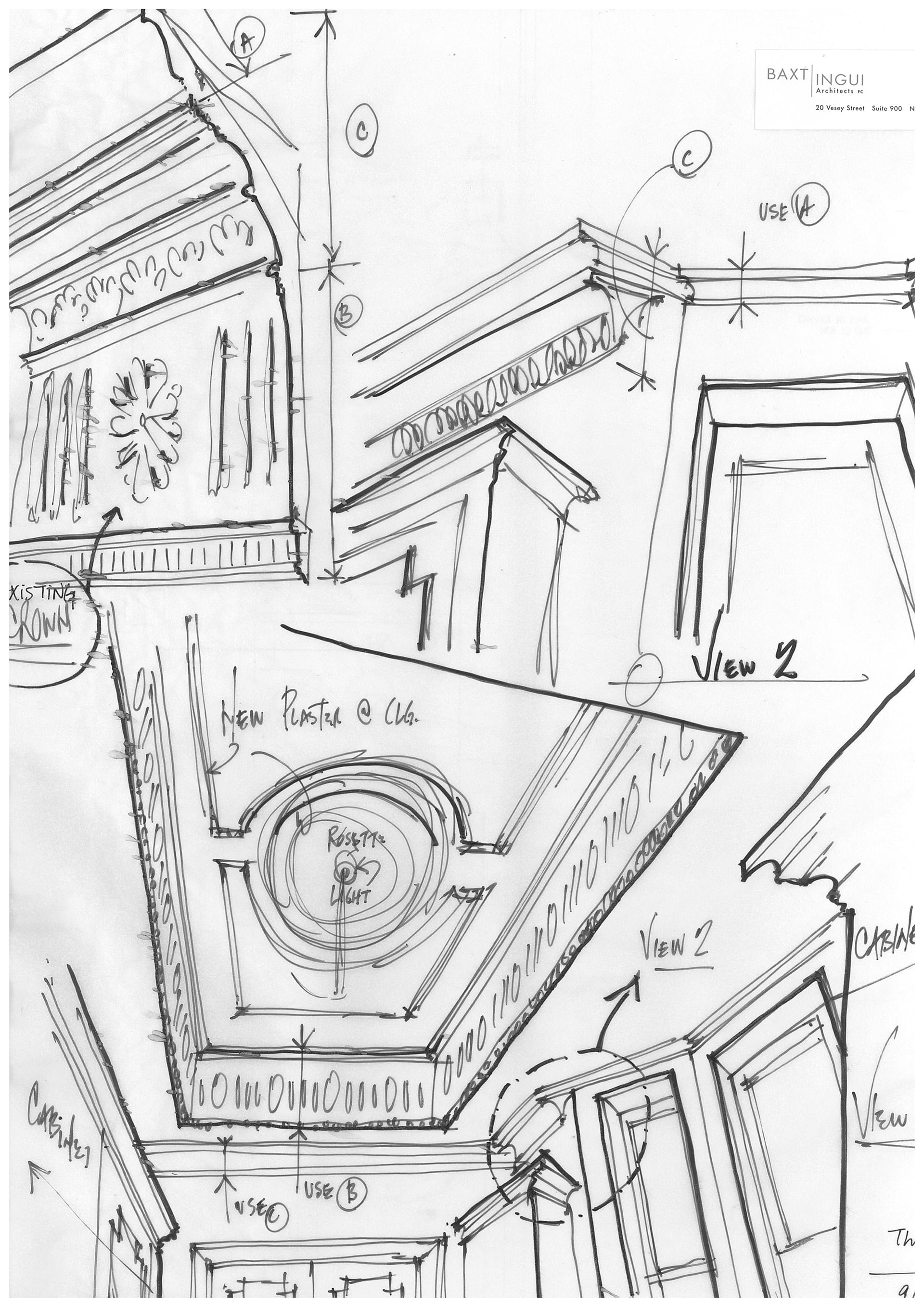 Detailed sketches of our designs for a plastered tray ceiling in a primary bedroom suite