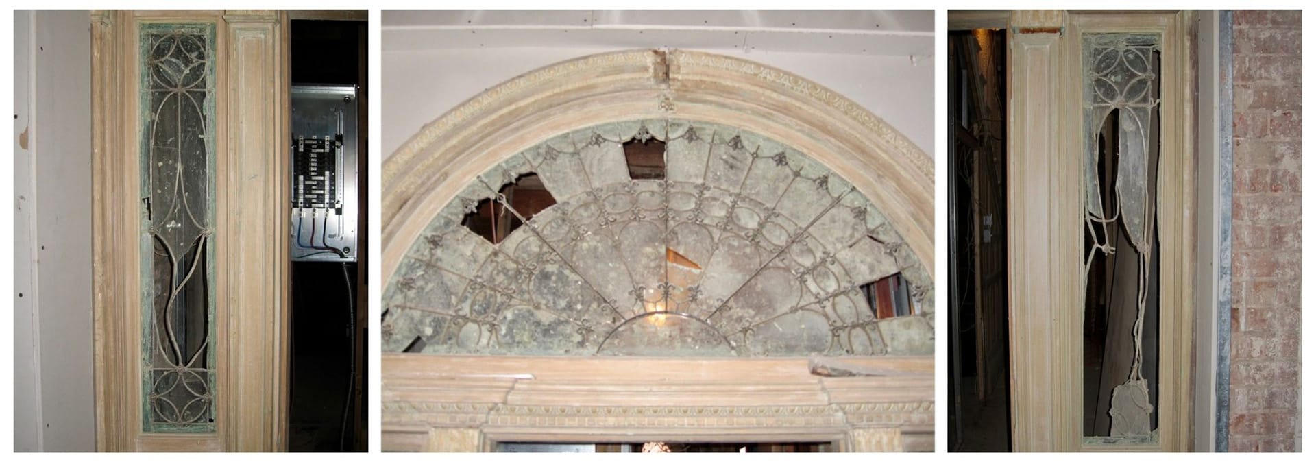 Collage of three images showing existing glass window detail in disrepair prior to renovation.