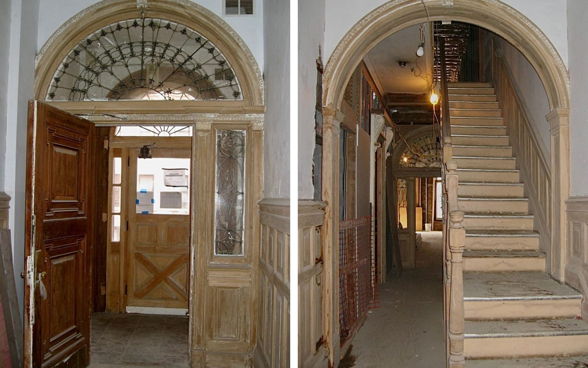 Collage of two images showing historic entry archways of a Brooklyn Heights townhome in disrepair.