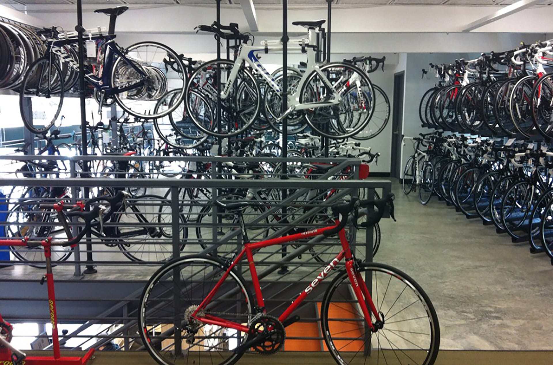 Mezzanine with rows of bike storage.