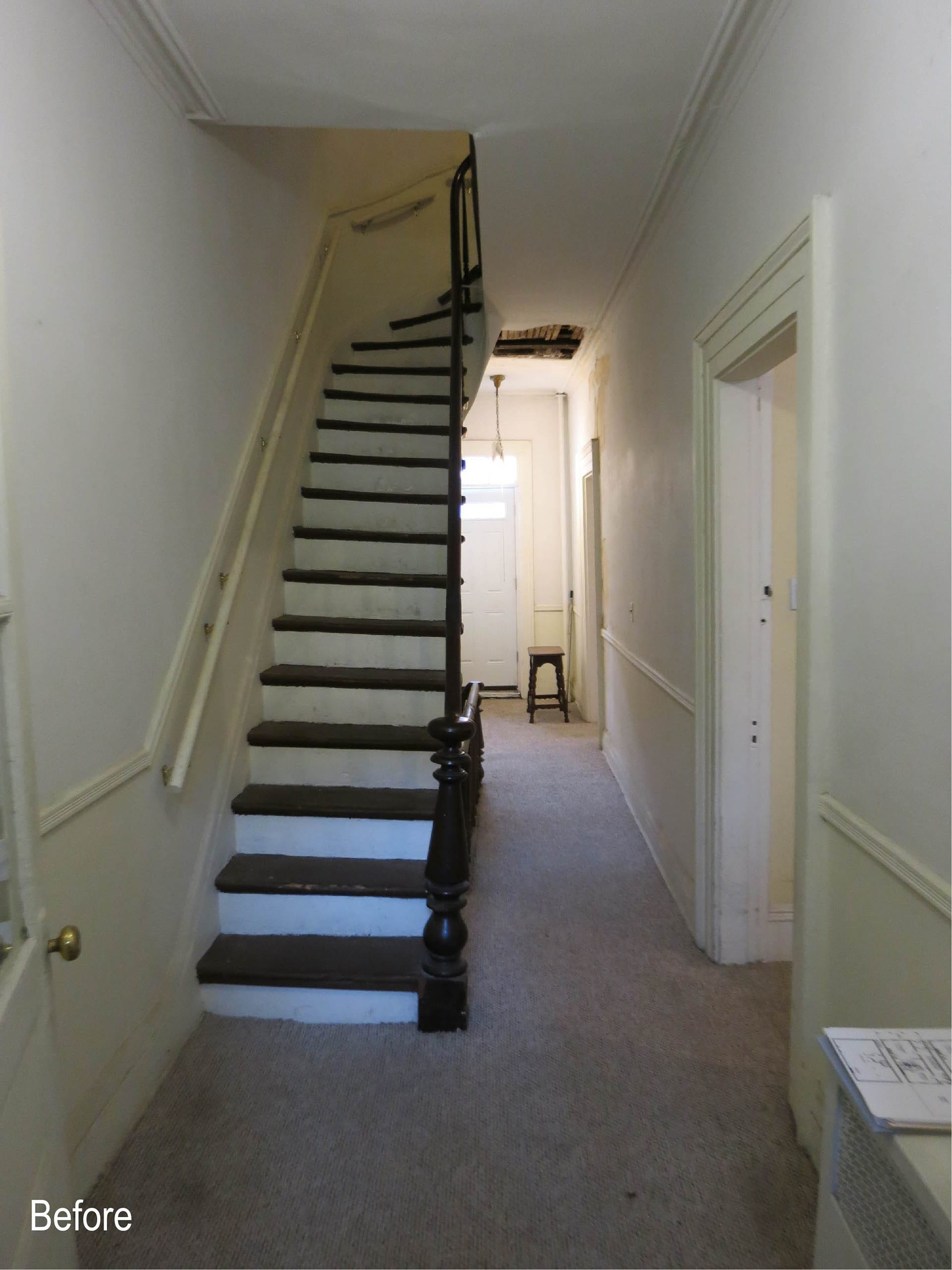 Stair hallway in what would become the kitchen in a Brooklyn Heights colonnade rowhouse