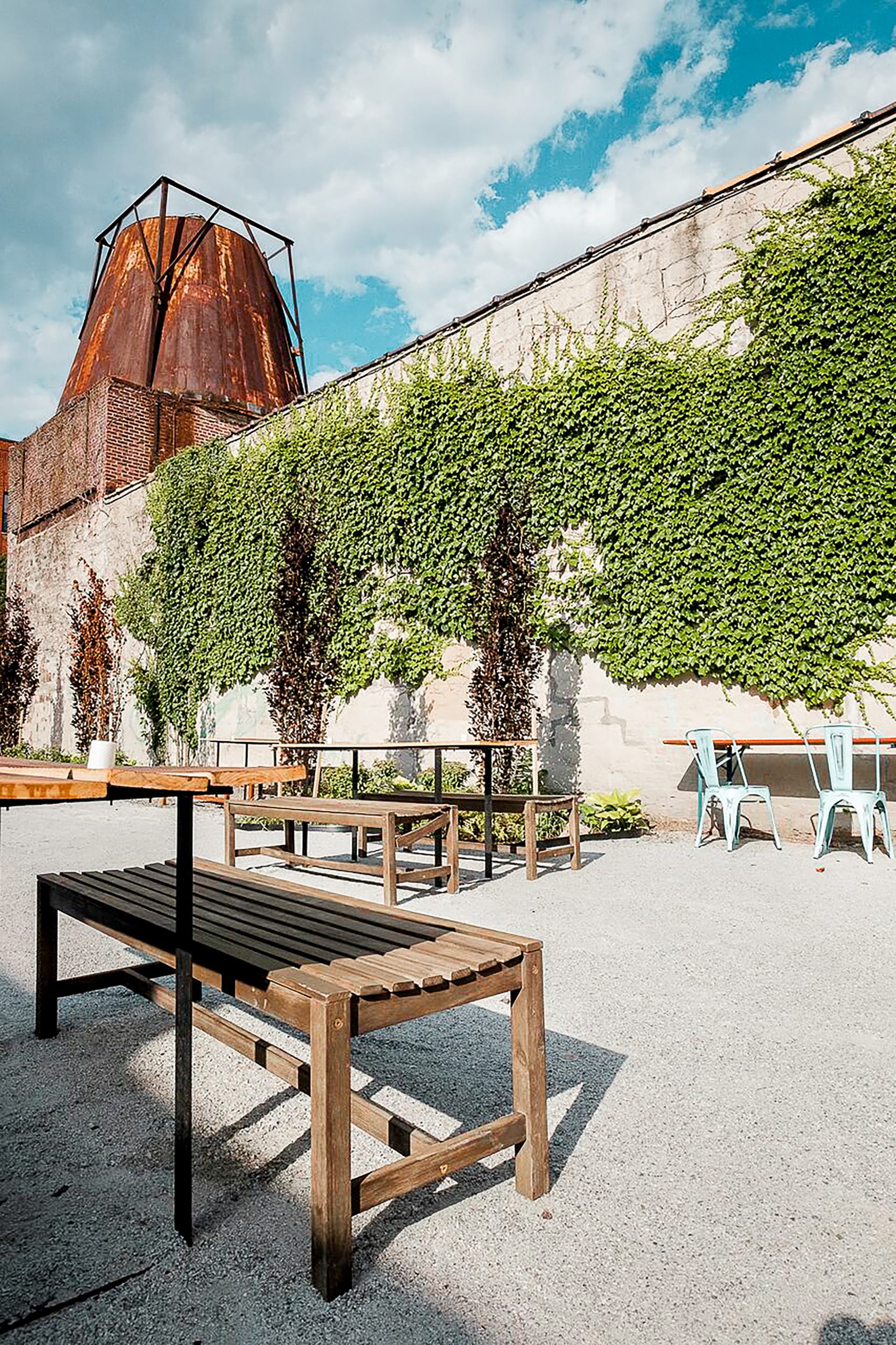 Gravel courtyard at Parklife. Picnic tables and blue chairs line the courtyard. The cinderblock wall of the building next door is covered with ivy.